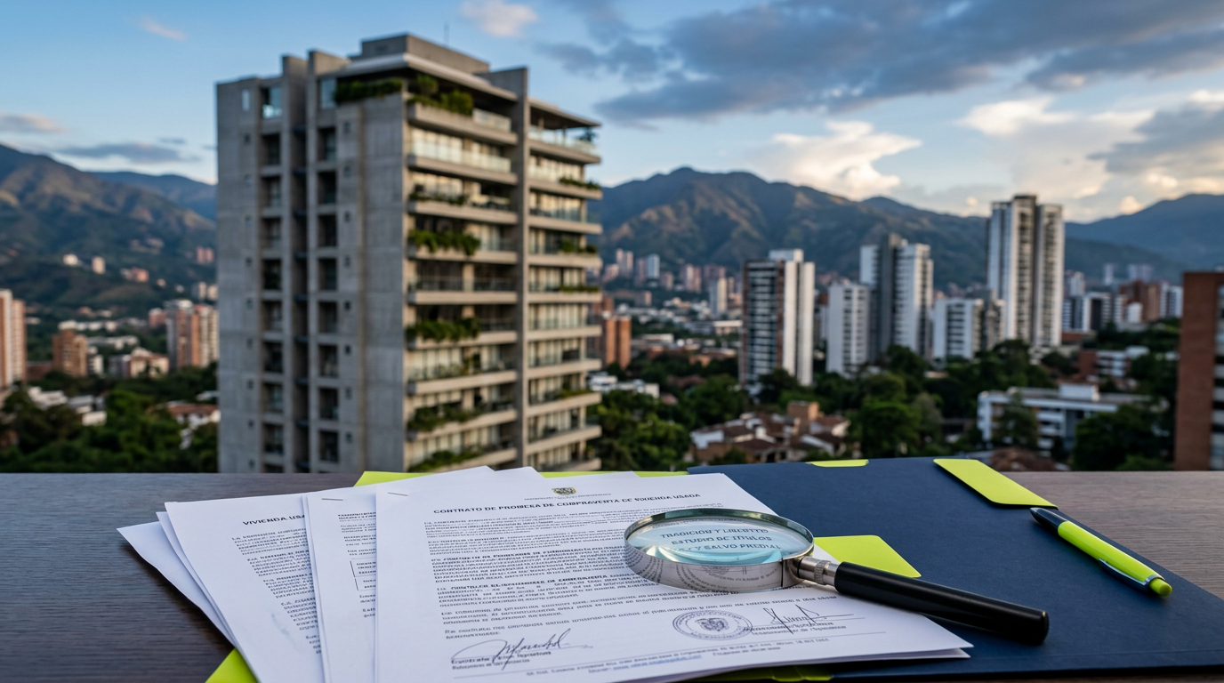 Imagen editorial: documentos y revisión de vivienda usada en Medellín y Valle de Aburrá, 2026.