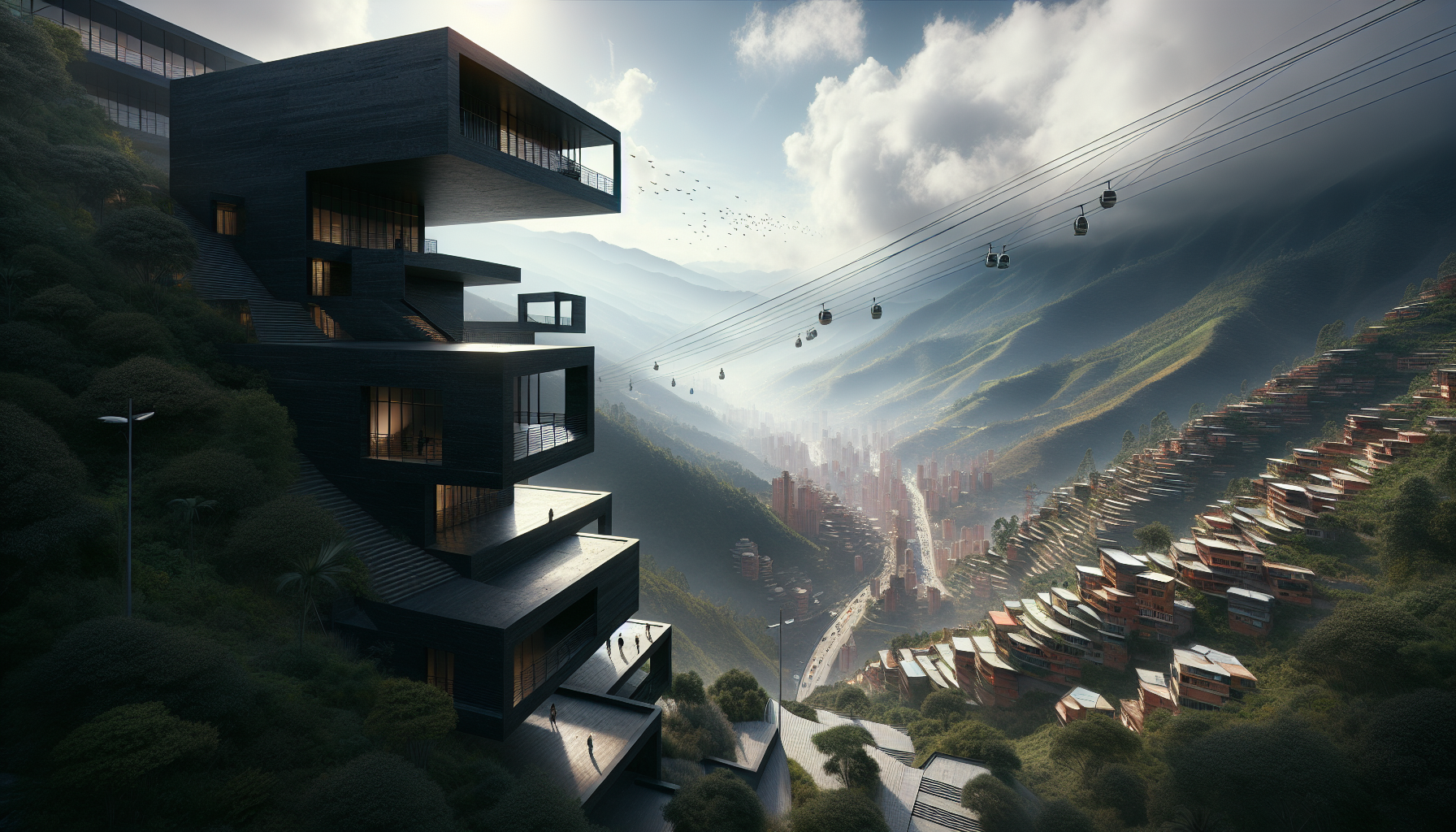 Biblioteca España en ladera de Medellín, arquitectura y ciudad al fondo.