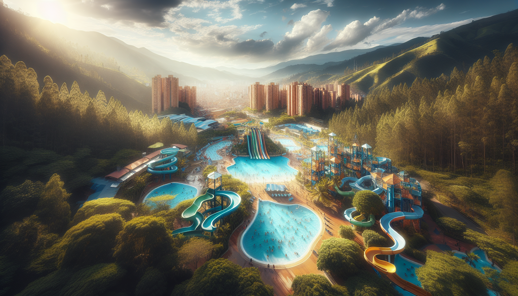 Parque recreativo con piscinas y naturaleza; día familiar cerca de Medellín.