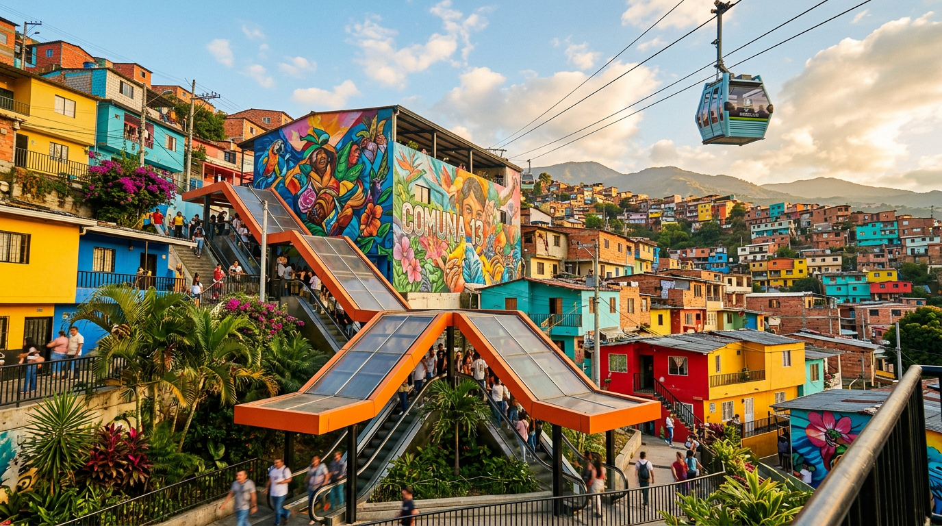 Biblioteca España en ladera de Medellín, arquitectura y ciudad al fondo.