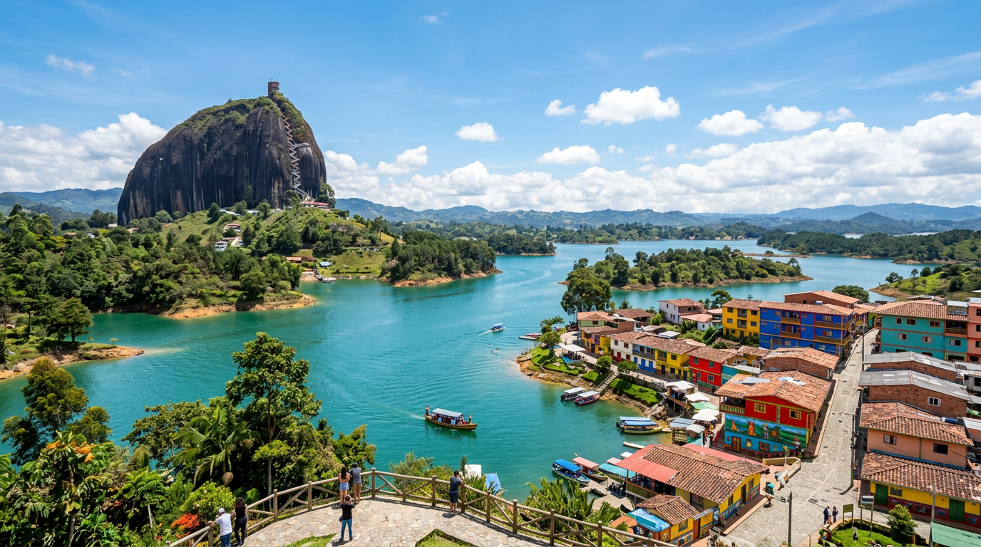 Basílica y balcones; pueblo Jericó en montaña andina.