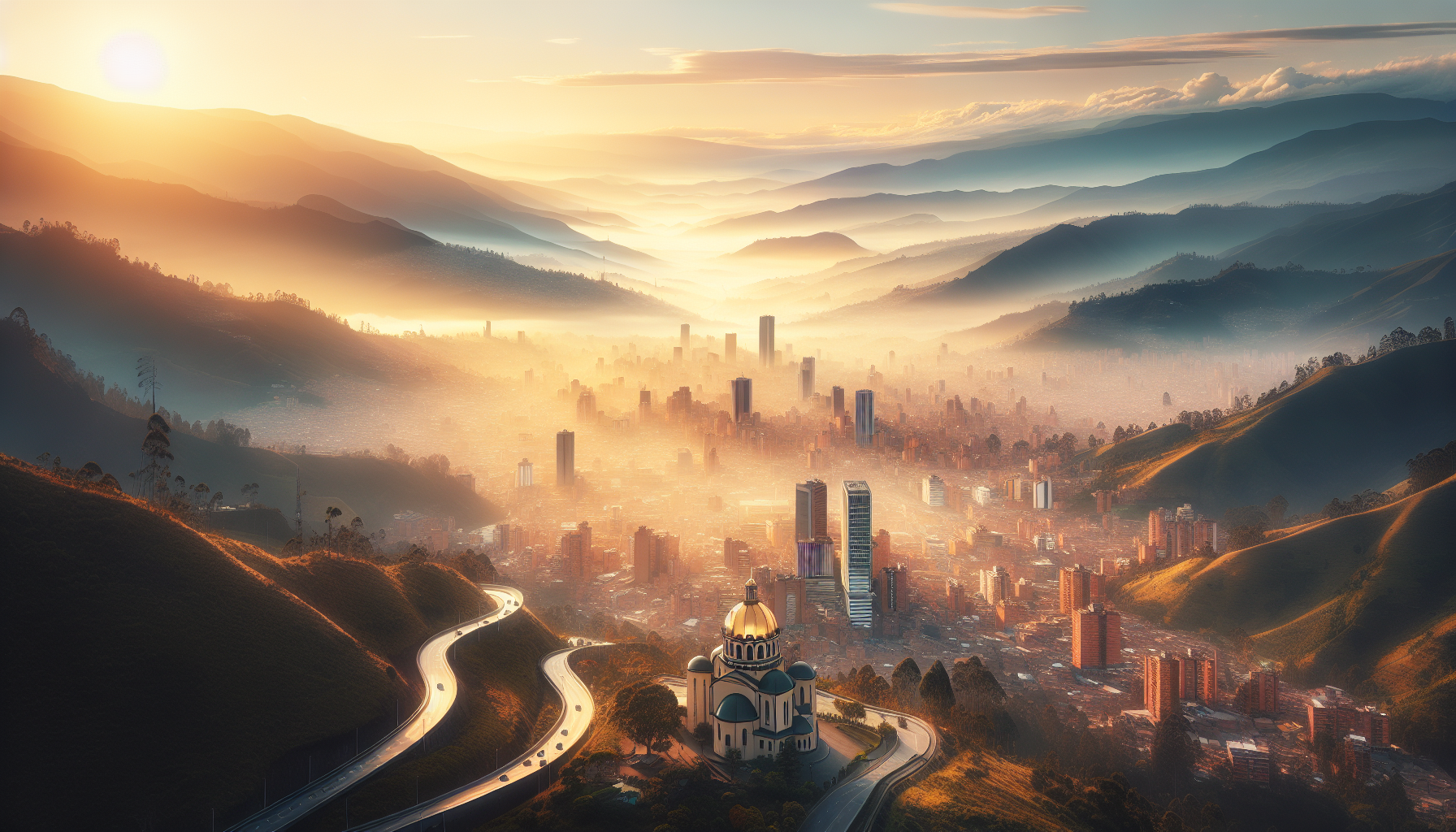 Vista panorámica del valle desde mirador; Medellín y montañas al atardecer.